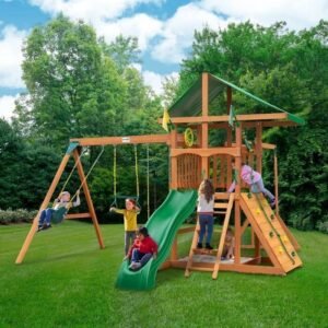 Cedar Outdoor Swing Set with Monkey Bars, Wave Slide and Three Swings