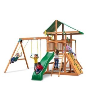 Cedar Outdoor Swing Set with Monkey Bars, Wave Slide and Three Swings - Image 2