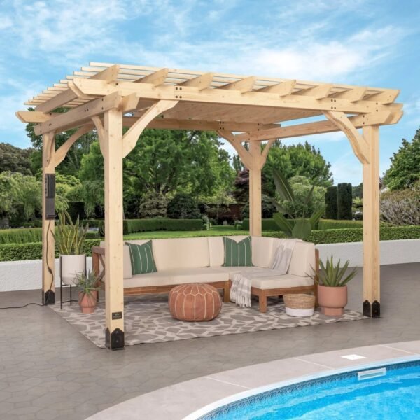 Fairhaven Natural Wood Pergola 12 x 10 Ft Outdoor Structure with Power Access