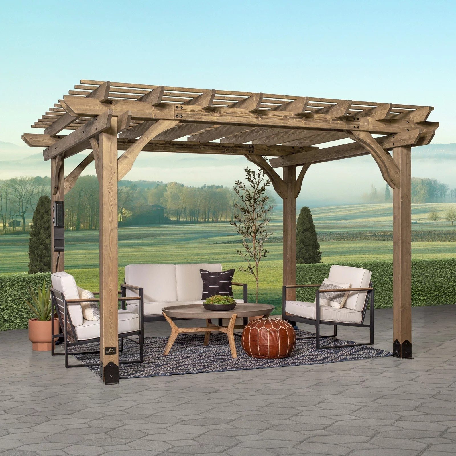 Fairhaven Rustic Wood Pergola 12 x 10 Ft Outdoor Structure with Power Access Fairhaven Rustic Wood Pergola 12 x 10 Ft Outdoor Structure with Power Access - Image 1