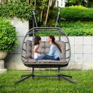2 Person Egg Swing Chair with Stand, Cushion and Rattan Wicker