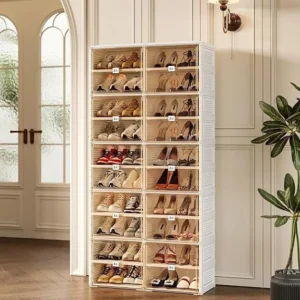 10 Tier Shoe Organizer with Clear Magnetic Doors, Foldable Design and 40-Pair Capacity